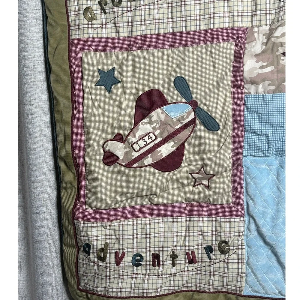 Baby Martex Airplane Helicopter Quilted Baby Blanket Blue Camo Plaid 42x36